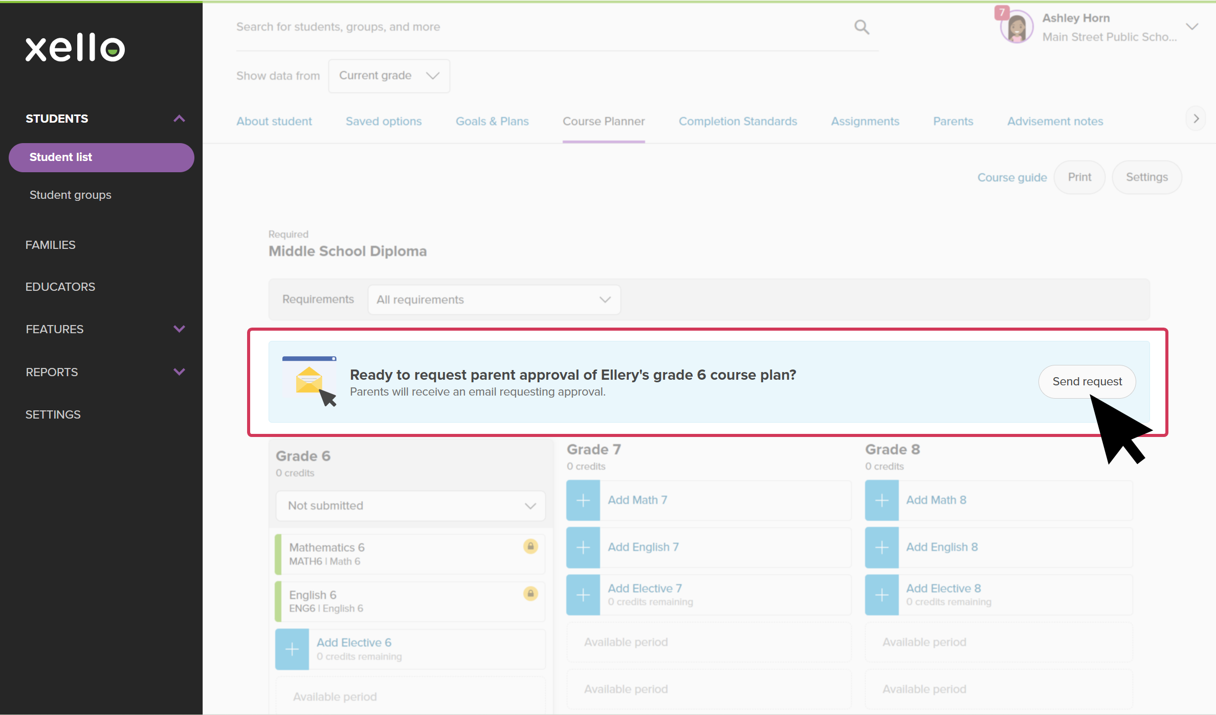 Click to enlarge Student's profile open to the Course Planner tab. There's a banner that says "Ready to request parent approval of Ellery's grade 6 course plan?". The cursor is clicking Send request.